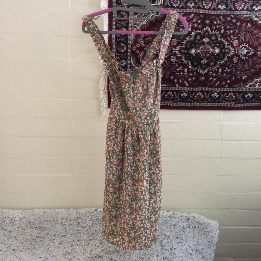 Floral Green Spring Dress Criss Cross Ruffle Top